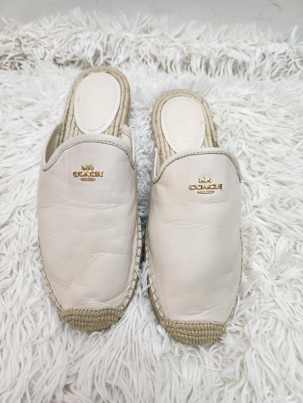 Coach Leather Espadrille Mules Slides Cream Beige Size 8B